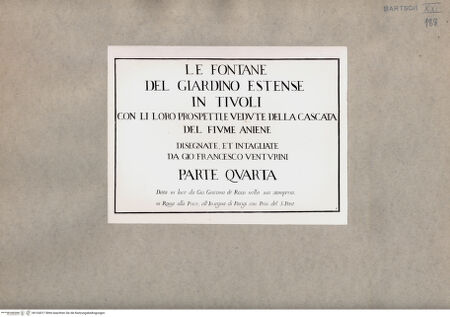 Vorderseite von  [http://creativecommons.org/publicdomain/mark/1.0/] Frontispiz:  Le Fontane del giardino Estense di Tivoli - , bh104317. Foto.