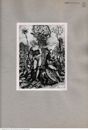 Vorderseite von  [http://creativecommons.org/publicdomain/mark/1.0/] Weibliche und männliche Gestalt und ein Putto, umgeben von Waffen - , bh104587. Foto.