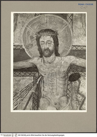 Vorderseite von Hutzel, Max [https://rightsstatements.org/page/CNE/1.0/] Szenen aus dem Leben und der Passion Christi, verschiedene Märtyrer und Szenen aus der Vita der Heiligen Urban und CaeciliaVita und Passion Christi - Kreuzigung, Detail: Oberkörper Christi, bh106048_recto. Foto.