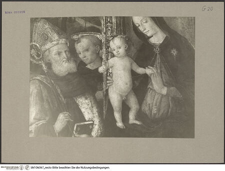 Vorderseite von Hutzel, Max [https://www.deutsche-digitale-bibliothek.de/content/lizenzen/rv-fz/] Madonna mit vier Heiligen (der hl. Augustinus links, der hl. Franz von Assisi rechts), darüber Lünette mit Gottvater - Detail: Das Jesuskind, links der heilige Augustinus, bh106067_recto. Foto: Hutzel, Max.