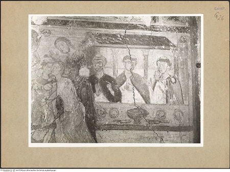 Vorderseite von Bibliotheca Hertziana [https://www.deutsche-digitale-bibliothek.de/content/lizenzen/rv-fz/] Szenen aus dem Leben Christi, Marias und des heiligen NikolausDekoration der NordwandNikolausvita: Das Wunder des Adeodatus - Rechte Szene: der heilige Nikolaus bringt Adeodatus zu seinen Eltern, Detail, bh107238_recto. Foto: Lehmann-Brockhaus, Otto.