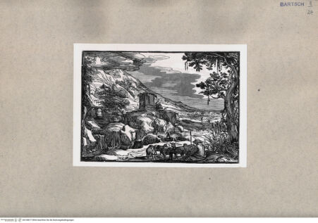 Vorderseite von  [http://creativecommons.org/publicdomain/mark/1.0/] Landschaft mit Hirte und Schafen - , bh108677. Foto.