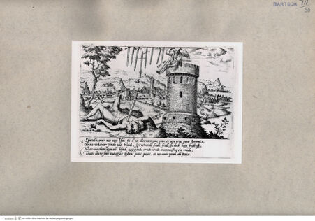 Vorderseite von British Museum [https://www.deutsche-digitale-bibliothek.de/content/lizenzen/rv-ez/] 'Hereticus' auf einem Turm, am Boden der dreiköpfige 'incuriosum vulgus' mit Schwert in der Brust - , bh108924. Foto.