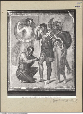 Vorderseite von Alinari [https://www.deutsche-digitale-bibliothek.de/content/lizenzen/rv-ez/] Aeneas wird verwundet; Venus wirft heimlich eine Heilpflanze in das Wasser, mit dem Japyx die Wunde wäscht - Gesamtansicht, bh109365_recto. Foto.