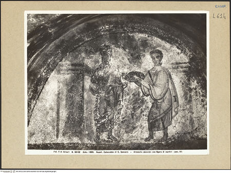 Vorderseite von Alinari [https://www.deutsche-digitale-bibliothek.de/content/lizenzen/rv-ez/] Der heilige Laurentius präsentiert über die Vermittlung des heiligen Paulus Christus seine Märtyrerkrone - Detail (vor der Restaurierung), bh109425_recto. Foto.