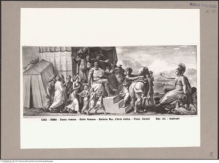 Vorderseite von unbekannt [https://www.deutsche-digitale-bibliothek.de/content/lizenzen/rv-fz/] Szenen aus der römischen Geschichte und MythologieFreilassung der Cloelia nach ihrer Rückkehr in das Lager Porsennas - , bh111463_recto. Foto.