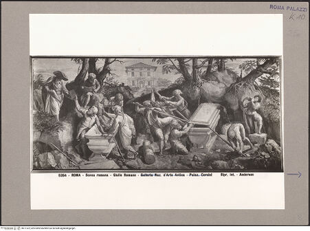 Vorderseite von Alinari [https://www.deutsche-digitale-bibliothek.de/content/lizenzen/rv-ez/] Szenen aus der römischen Geschichte und MythologieAuffindung des Grabes des Königs Numa Pompilius und der sibyllinischen Bücher am Gianicolo; im Hintergrund Vedute der Villa Lante - , bh111472_recto. Foto.