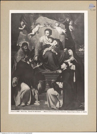 Vorderseite von Alinari [https://www.deutsche-digitale-bibliothek.de/content/lizenzen/rv-ez/] Maria überreicht dem heiligen Dominikus, der vor ihr kniet, einen Rosenkranz - Gesamtansicht, bh111807_recto. Foto.