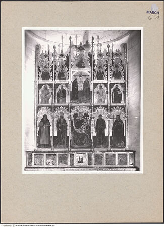 Vorderseite von National Gallery of Art, Washington? [https://www.deutsche-digitale-bibliothek.de/content/lizenzen/rv-ez/] HochaltarDer heilige Benedikt mit Maurus und Placidus, Scholastica, Kardinal Petrus Damiani und Benediktinermönchen - Historische Ansicht mit der Predella und dem ursprünglichen, später ersetzten Retabel von Giovanni Antonio Bellinzoni (zugeschr., heute in: Galleria Nazionale delle Marche, Urbino), bh112038_recto. Foto: Hutzel, Max.