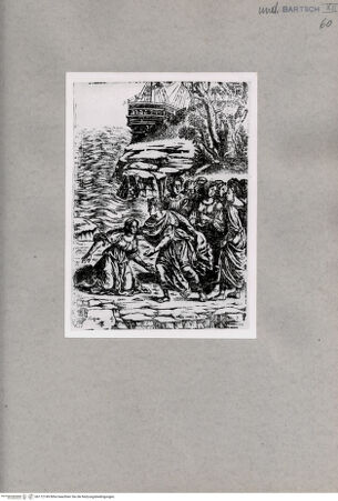 Vorderseite von British Museum [https://www.deutsche-digitale-bibliothek.de/content/lizenzen/rv-ez/] Mann mit Gefolge hilft einer knieenden Frau auf die Füße, im Hintergrund ein Schiff - , bh112149. Foto.