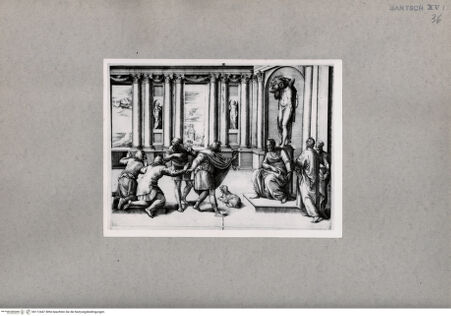 Vorderseite von British Museum [https://www.deutsche-digitale-bibliothek.de/content/lizenzen/rv-ez/] Mann vor einer Bacchus-Statue sitzend, vor ihm vier bittende Männer - , bh112447. Foto.