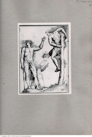 Vorderseite von British Museum [https://www.deutsche-digitale-bibliothek.de/content/lizenzen/rv-ez/] Mann an einen Baumstumpf gebunden, davor zwei Männer - , bh112453. Foto.