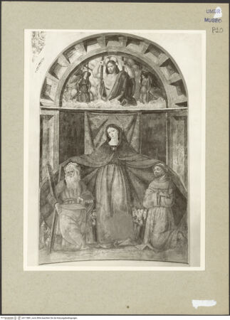 Vorderseite von Getty Research Institute [https://www.deutsche-digitale-bibliothek.de/content/lizenzen/rv-ez/] Schutzmantelmadonna mit den heiligen Andreas und Franz von Assisi - Gesamtansicht, bh113881_recto. Foto: Hutzel, Max.