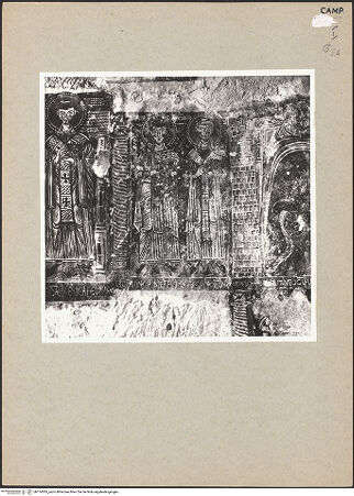 Vorderseite von Bibliotheca Hertziana [https://www.deutsche-digitale-bibliothek.de/content/lizenzen/rv-fz/] VotivfreskenHeilige und Szenen der Silvesterlegende - Detail: Die heiligen Castrensis, Mauritius und Bonifatius, bh114305_recto. Foto.