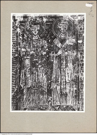 Vorderseite von Bibliotheca Hertziana [https://www.deutsche-digitale-bibliothek.de/content/lizenzen/rv-fz/] VotivfreskenHeilige und Szenen der Silvesterlegende - Detail: Die heiligen Mauritius und Bonifatius, bh114306_recto. Foto.