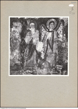 Vorderseite von Bibliotheca Hertziana [https://www.deutsche-digitale-bibliothek.de/content/lizenzen/rv-fz/] VotivfreskenThronender Christus sowie Heilige - Detail (links): Johannes der Evangelist (?), Petrus und ein Erzengel, bh114319_recto. Foto.