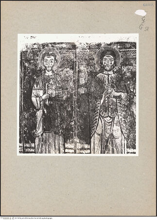 Vorderseite von Bibliotheca Hertziana [https://www.deutsche-digitale-bibliothek.de/content/lizenzen/rv-fz/] VotivfreskenKreuzigung Christi und Heiligendarstellungen - Detail: Heiliger Cosma und Johannes der Täufer, bh114324_recto. Foto.