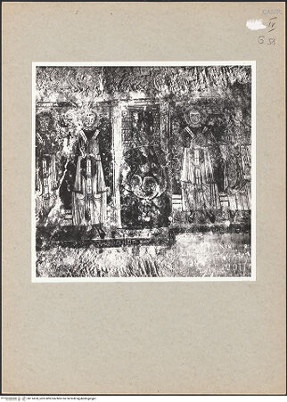 Vorderseite von Bibliotheca Hertziana [https://www.deutsche-digitale-bibliothek.de/content/lizenzen/rv-fz/] VotivfreskenKreuzigung Christi und Heiligendarstellungen - Detail: Die heiligen Maximus von Nola und Silvester mit Drachen sowie die heiligen Clemens und Caecilia, bh114330_recto. Foto.