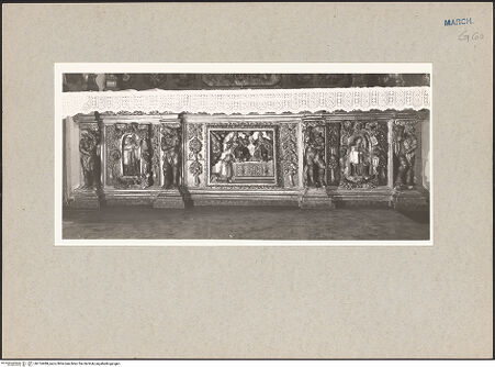 Vorderseite von National Gallery of Art, Washington? [https://www.deutsche-digitale-bibliothek.de/content/lizenzen/rv-ez/] HochaltarAltarfront: Zentrale Darstellung mit heiligem Benedikt in Anbetung vor Maria und Gottvater; beidseitig Heiligenfiguren in Nischenarchitektur; Engel als architektonische Stützelemente - Gesamtansicht von schräg rechts, bh114488_recto. Foto: Hutzel, Max.