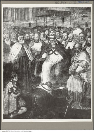 Vorderseite von Musei Vaticani [https://www.deutsche-digitale-bibliothek.de/content/lizenzen/rv-ez/] Herrscher mehrten die weltliche oder beugten sich der geistlichen Macht der PäpsteDie Aussöhnung Alexanders III. mit Friedrich I. - Detail, bh115046_recto. Foto.