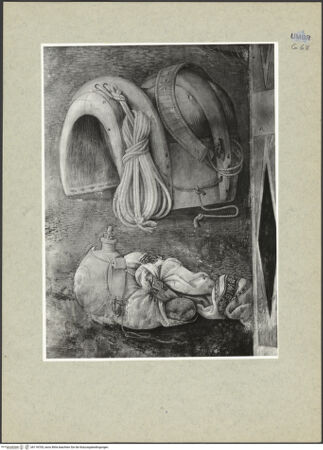 Vorderseite von ICCD [https://www.deutsche-digitale-bibliothek.de/content/lizenzen/rv-ez/] Ausmalung der Cappella BaglioniAnbetung der Hirten - Detail: Sattel, Feldflasche und Reiseproviant, bh118705_recto. Foto.