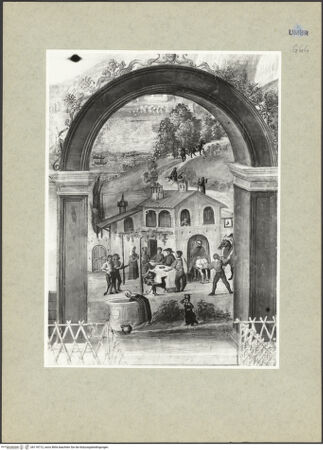Vorderseite von ICCD [https://www.deutsche-digitale-bibliothek.de/content/lizenzen/rv-ez/] Ausmalung der Cappella BaglioniVerkündigung Mariae - Detail: Gasthaus vor der Stadt, bh118712_recto. Foto.