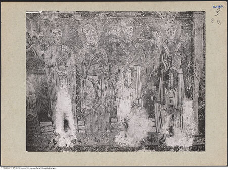 Vorderseite von Frick Art Reference Library [https://www.deutsche-digitale-bibliothek.de/content/lizenzen/rv-ez/] VotivfreskenKreuzigung Christi und Heiligendarstellungen - Detail: Die heiligen Clemens, Caecilia und Simon und Silvester, bh120146_recto. Foto.