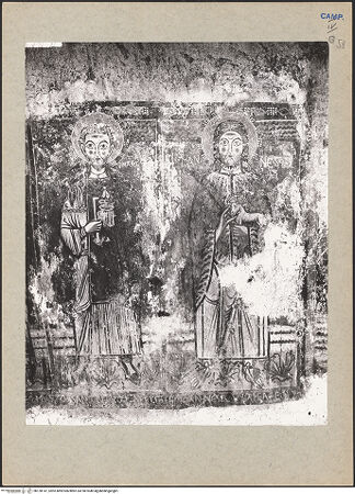 Vorderseite von Frick Art Reference Library [https://www.deutsche-digitale-bibliothek.de/content/lizenzen/rv-ez/] VotivfreskenKreuzigung Christi und Heiligendarstellungen - Detail: Heiliger Cosma und Johannes der Täufer, bh120147_recto. Foto.