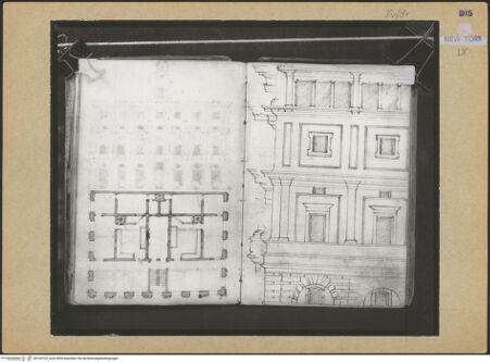 Vorderseite von Mellon? [https://www.deutsche-digitale-bibliothek.de/content/lizenzen/rv-ez/] Codex Mellon (Sketchbook of Menicantonio)Palazzo Alberini-Cicciaporci: Grundriss des piano nobile (Alternativprojekt?) und Fassadenaufriss - , bh120725_recto. Foto.