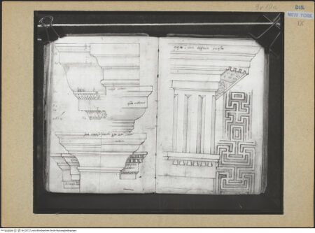 Vorderseite von Mellon? [https://www.deutsche-digitale-bibliothek.de/content/lizenzen/rv-ez/] Codex Mellon (Sketchbook of Menicantonio)Gebälke von San Adriano, Santa Maria sopra Minerva, aus dem römischen Ghetto, etc. - , bh120727_recto. Foto.