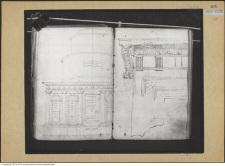 Vorderseite von Mellon? [https://www.deutsche-digitale-bibliothek.de/content/lizenzen/rv-ez/] Codex Mellon (Sketchbook of Menicantonio)Mausoleum der Plautii in Tivoli und Gesims eines dorischen Portals Bramantes - , bh120730_recto. Foto.