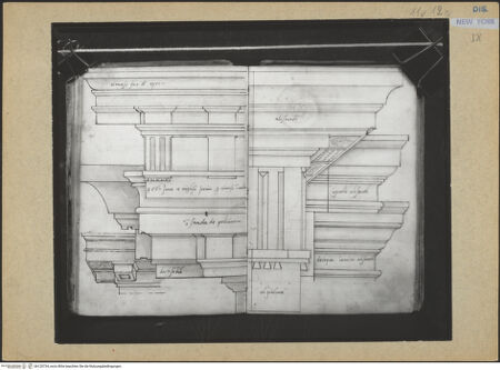 Vorderseite von Mellon? [https://www.deutsche-digitale-bibliothek.de/content/lizenzen/rv-ez/] Codex Mellon (Sketchbook of Menicantonio)Gebälke und Gebälk und Kapitell und Säulenschaft des ersten Geschosses und Gebälk und Kämpfer des zweiten Geschosses des Auditoriums des Marcellustheaters - , bh120734_recto. Foto.