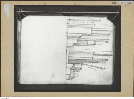 Vorderseite von Mellon? [https://www.deutsche-digitale-bibliothek.de/content/lizenzen/rv-ez/] Codex Mellon (Sketchbook of Menicantonio)vollständiges Gebälk des zweiten Geschosses des Auditoriums des Marcellustheaters - , bh120736_recto. Foto.