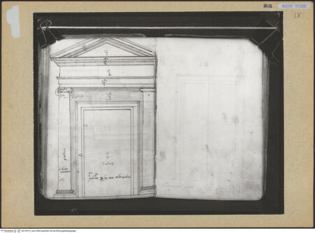 Vorderseite von Mellon? [https://www.deutsche-digitale-bibliothek.de/content/lizenzen/rv-ez/] Codex Mellon (Sketchbook of Menicantonio)Tür mit ionischer Portikus bei der Torre delle Milizie - , bh120737_recto. Foto.