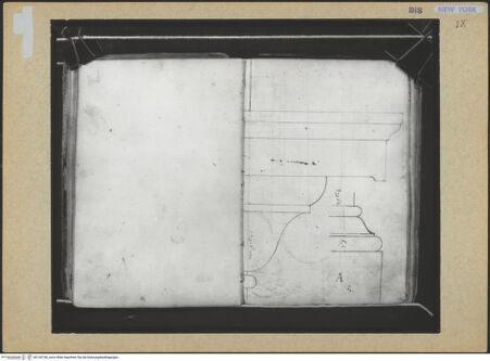 Vorderseite von Mellon? [https://www.deutsche-digitale-bibliothek.de/content/lizenzen/rv-ez/] Codex Mellon (Sketchbook of Menicantonio)Gesimse und Basis eines korinthischen Piedestal, mit Maßangaben - , bh120740_recto. Foto.