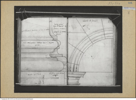 Vorderseite von Mellon? [https://www.deutsche-digitale-bibliothek.de/content/lizenzen/rv-ez/] Codex Mellon (Sketchbook of Menicantonio)Pilasterbasis des Hadrian-Mausoleums und Säulenbasis des Septimius-Severus-Bogens und Kämpfer und Archivolte des Septimius-Severus-Bogens - , bh120744_recto. Foto.