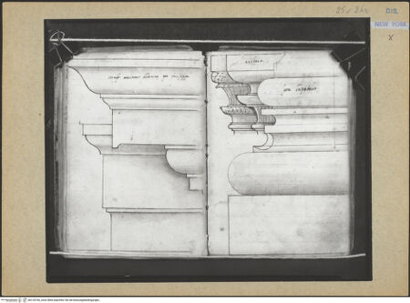 Vorderseite von Mellon? [https://www.deutsche-digitale-bibliothek.de/content/lizenzen/rv-ez/] Codex Mellon (Sketchbook of Menicantonio)Architrav und Gesims der Portikus des Antoninus und der Faustina-Tamepls und Gebälke, vermutlich aus Ostia, sowie Basis unterhalb des Kapitols - , bh120746_recto. Foto.
