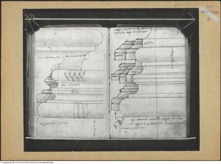 Vorderseite von Mellon? [https://www.deutsche-digitale-bibliothek.de/content/lizenzen/rv-ez/] Codex Mellon (Sketchbook of Menicantonio)Schmuckbasen, unter anderem von der Cella des Mars Ultor-Tempels und Basen, unter anderem aus Tivoli, aus der Pantheon-Vorhalle und aus Ostia - , bh120748_recto. Foto.