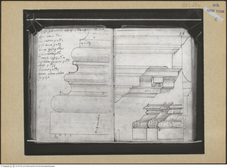 Vorderseite von Mellon? [https://www.deutsche-digitale-bibliothek.de/content/lizenzen/rv-ez/] Codex Mellon (Sketchbook of Menicantonio)Basis und Gebälk des Titusbogens und drei Schmuckbasen - , bh120749_recto. Foto.