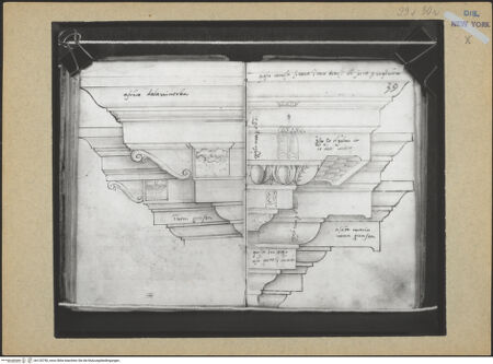 Vorderseite von Mellon? [https://www.deutsche-digitale-bibliothek.de/content/lizenzen/rv-ez/] Codex Mellon (Sketchbook of Menicantonio)Gebälke, unter anderem von Santa Maria sopra Minerva und Gebälke des Konstantinbogens, von Santa Maria Nova und San Pietro in Vincoli - , bh120750_recto. Foto.