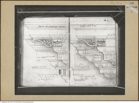 Vorderseite von Mellon? [https://www.deutsche-digitale-bibliothek.de/content/lizenzen/rv-ez/] Codex Mellon (Sketchbook of Menicantonio)Gebälke vom Kapitol und San Pietro in Vincoli und Gebälk des Konstantinbogens und Gesims und Architrav des Camillus-Bogens - , bh120751_recto. Foto.