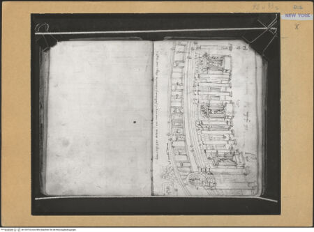 Vorderseite von Mellon? [https://www.deutsche-digitale-bibliothek.de/content/lizenzen/rv-ez/] Codex Mellon (Sketchbook of Menicantonio)Recto: Skizze des Innenraums des Pantheons mit Maßangaben - , bh120753_recto. Foto.