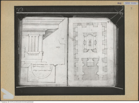 Vorderseite von Mellon? [https://www.deutsche-digitale-bibliothek.de/content/lizenzen/rv-ez/] Codex Mellon (Sketchbook of Menicantonio)Detail eines dorischen Gebälks und Grundriss eines antiken Mausoleums - , bh120755_recto. Foto.