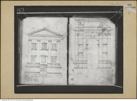 Vorderseite von Mellon? [https://www.deutsche-digitale-bibliothek.de/content/lizenzen/rv-ez/] Codex Mellon (Sketchbook of Menicantonio)Rekonstruktion einer antiken Fassade und Trajansbogen von Ancona - , bh120756_recto. Foto.