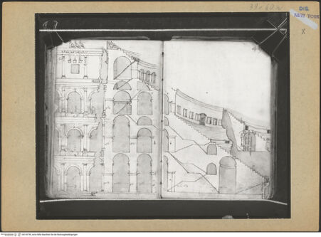 Vorderseite von Mellon? [https://www.deutsche-digitale-bibliothek.de/content/lizenzen/rv-ez/] Codex Mellon (Sketchbook of Menicantonio)Fassadenaufriss und Schnitt des Colosseums - , bh120759_recto. Foto.