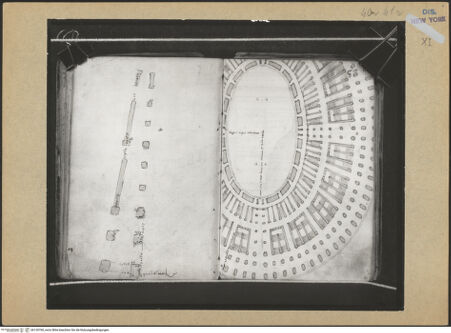 Vorderseite von Mellon? [https://www.deutsche-digitale-bibliothek.de/content/lizenzen/rv-ez/] Codex Mellon (Sketchbook of Menicantonio)Grundriss des Colosseumseingangs und Grundriss des Colosseums - , bh120760_recto. Foto.