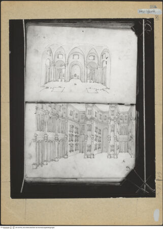 Vorderseite von Mellon? [https://www.deutsche-digitale-bibliothek.de/content/lizenzen/rv-ez/] Codex Mellon (Sketchbook of Menicantonio)Rekonstruierter Aufriss des Frigidariums der Diocletiansthermen (verso Tepidarium) und Rekonstruierter Aufriss des Innenhofs A, Natatio der Diocletiansthermen (verso Frigidarium) - , bh120769_recto. Foto.