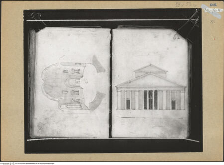 Vorderseite von Mellon? [https://www.deutsche-digitale-bibliothek.de/content/lizenzen/rv-ez/] Codex Mellon (Sketchbook of Menicantonio)Rekonstruierter Aufriss des Tepidariums der Diocletiansthermen (verso Caldarium) und Rekonstruktion der östlichen Fassade der Konstantinsbasilika - , bh120770_recto. Foto.