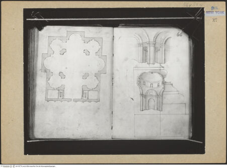 Vorderseite von Mellon? [https://www.deutsche-digitale-bibliothek.de/content/lizenzen/rv-ez/] Codex Mellon (Sketchbook of Menicantonio)Grundriss der Kirche San Celso e Giuliano, nach Bramante und Details des Innenraums der Kirche San Celso e Giuliano - , bh120774_recto. Foto.