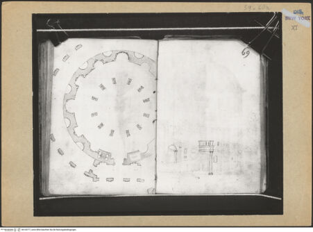 Vorderseite von Mellon? [https://www.deutsche-digitale-bibliothek.de/content/lizenzen/rv-ez/] Codex Mellon (Sketchbook of Menicantonio)Grundriss der Kirche Santa Costanza und Skizze einer runden Kolonnade ? - , bh120777_recto. Foto.